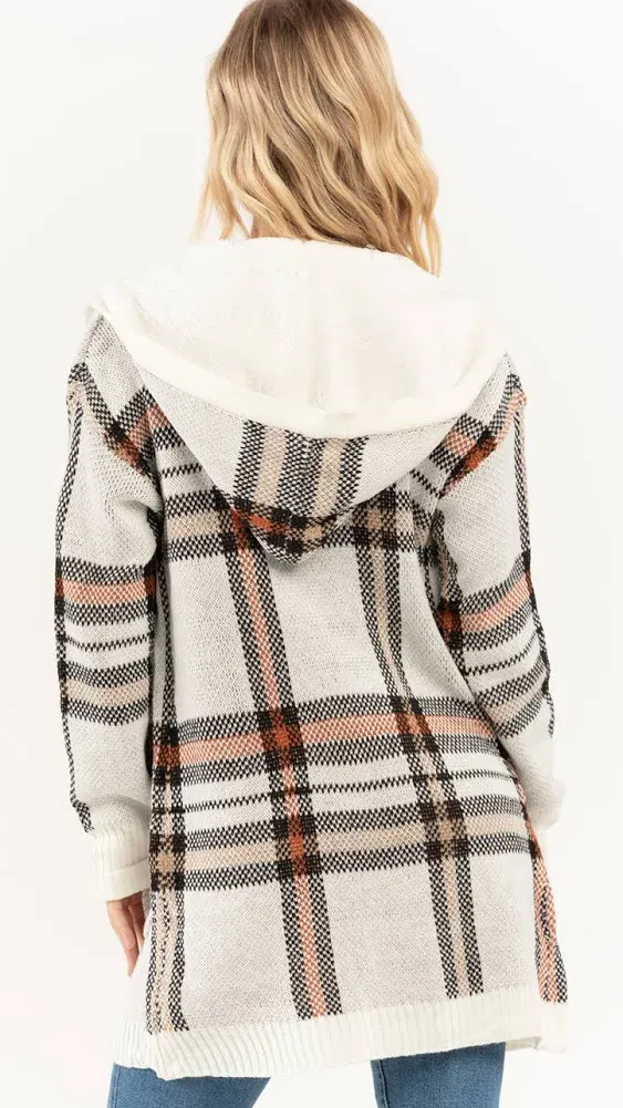 Absolutely Famous Almost Famous Plaid Sherpa Hooded Cardigan - Ivory - Medium