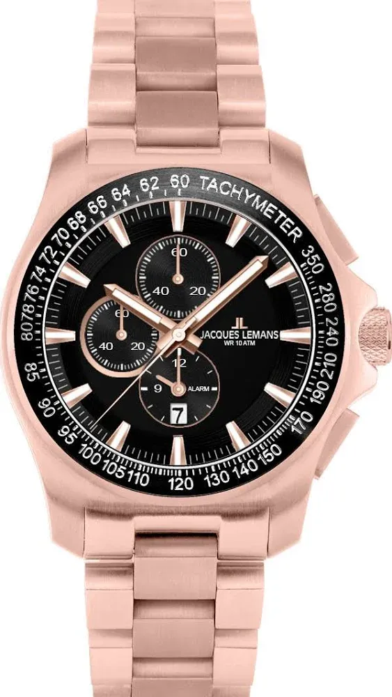 Jacquie Aiche Jacques LeMans Men's Sport 43mm Black Dial Stainless Steel Chronograph Watch