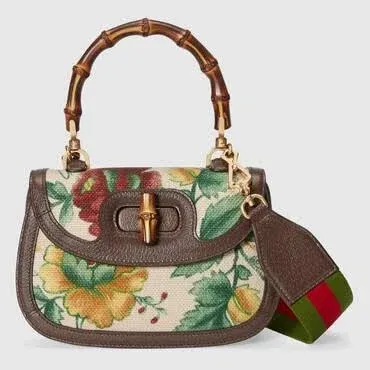 Beaton Linen Gucci Bamboo 1947 Small Top Handle Bag, Neutral, Fabric