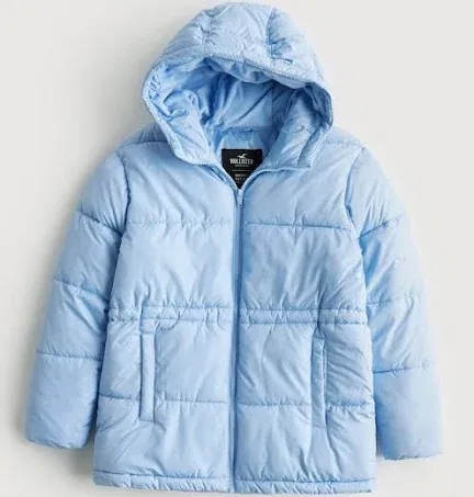 Blue Vanilla Women's Mid-Length Puffer Jacket in Light Blue Size S from Hollister
