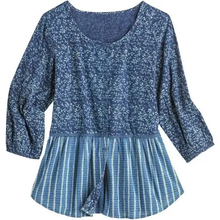 April Cornell April Cornell Womens Shirt Stripes & Ivy Print on Indigo Blue Top