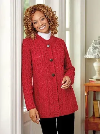 Country Deep Shannon Woolen Mills Women's Irish Wool A-Line Cardigan - Red - Small - The