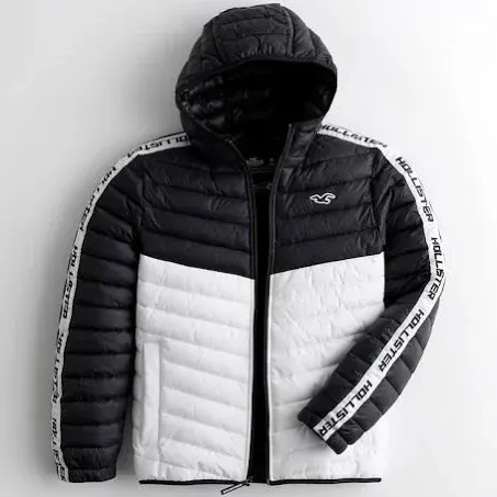 NVLT Men's Puffer Hoodie Jacket in Black and White Size XXL from Hollister