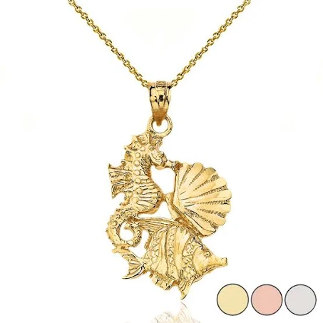 SA Fishing Seahorse Clam and Fish Pendant Necklace in Gold (YelloRose/White) White Gold