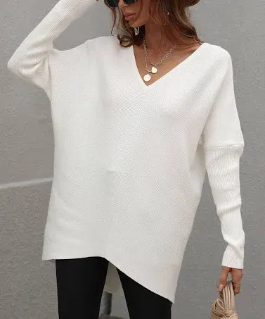 Elaine Kim Lily Kim Women's Pullover Sweater White Keyhole-Back Oversize V-Neck Sweater M/8-10