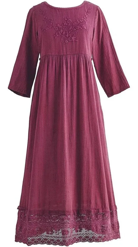 April Cornell April Cornell Women's Maxi Dress-Floral Embroidered Red Gown, Lace Hem - Wine - 1x