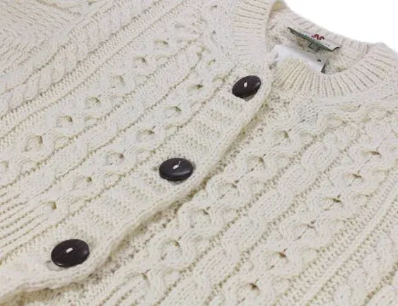Weavers Of Ireland Aran Knit Cardigan A Line White Merino Wool Womens Irish Made Medium