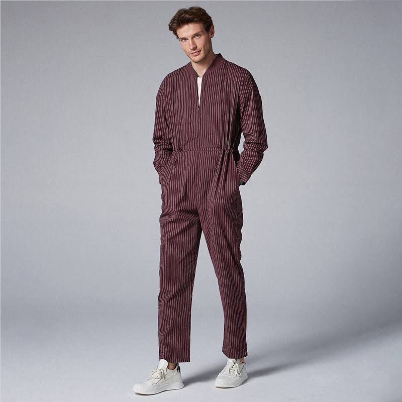 Pappagallo Charmkpr Mens Cotton Stripe Stand Collar Onesies Pockets Casual Straight Jumpsuit
