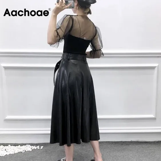 Understated Leather Aachoae Lady Black Color PU Leather Skirt Elegant High Waist Pleated Skirt