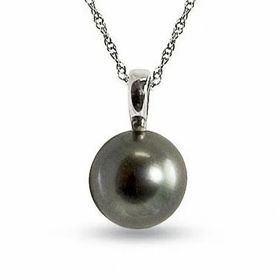 Pacific Pearls Zales 9.0 - 10mm Black Cultured Tahitian Pearl Pendant in 14K White Gold - 18"