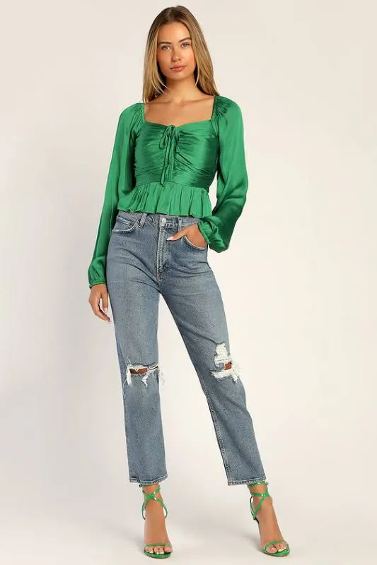 Ballin Green Satin Pleated Balloon Sleeve Top | Womens | Large (Available in XS, S, M