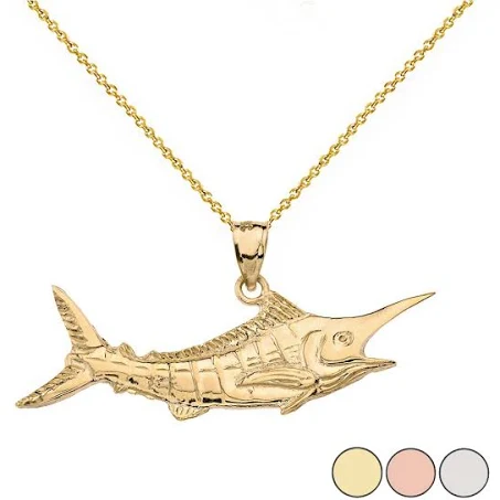 SA Fishing Billfish Black Marlin Pendant Necklace in Solid Gold (YelloRose/White) White