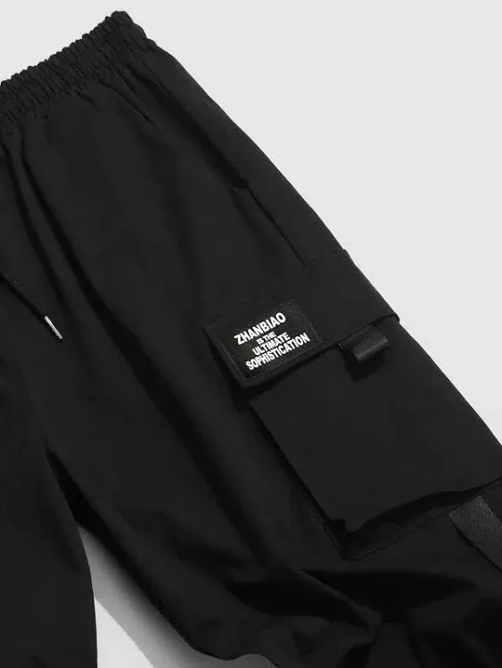 BLACKTAILOR Mens Zaful Streetwear Letter Patches Multi-Pocket Cargo Techwear Pants,Black,Xl