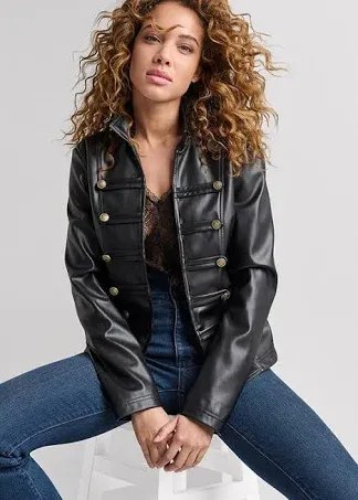 EVOLUXXY Women's Faux-Leather Military Jacket - Black, Size 16 by Venus