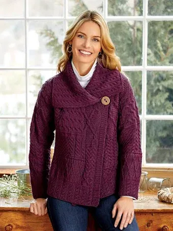 Country Deep Women's Irish Wool Asymmetrical Cardigan - Plum - 1X-Large - The Vermont Country