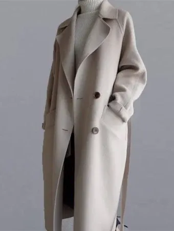 Lucy & Yak Urban Loose Solid Color Belted Woolen Coat Beige-L