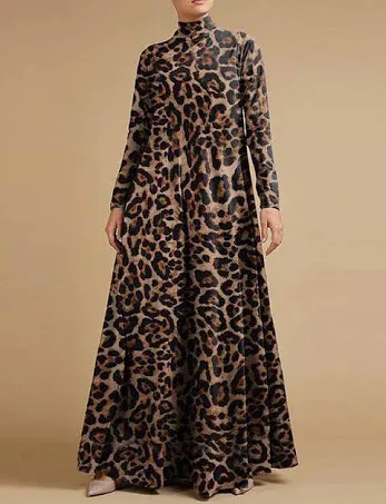 Dancing Leopard uoozee Casual Loose Leopard Printed High-Neck Long Sleeves Maxi Dress Brown-S