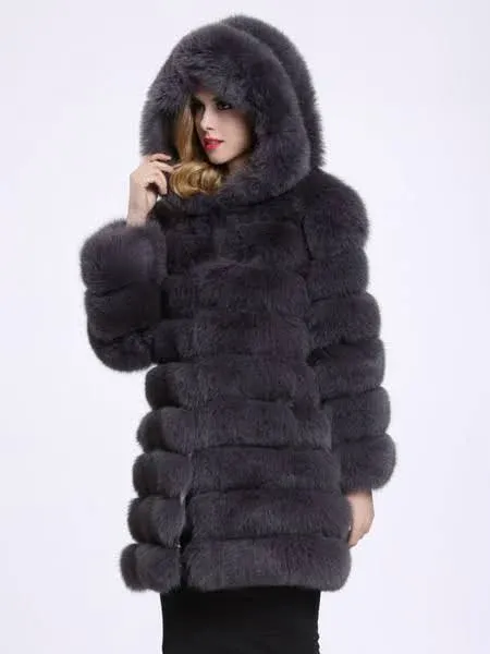 Hyden Yoo Faux Fox Fur Coat Hooded White Solid Color Long Sleeve Lavish Winter Outerwear
