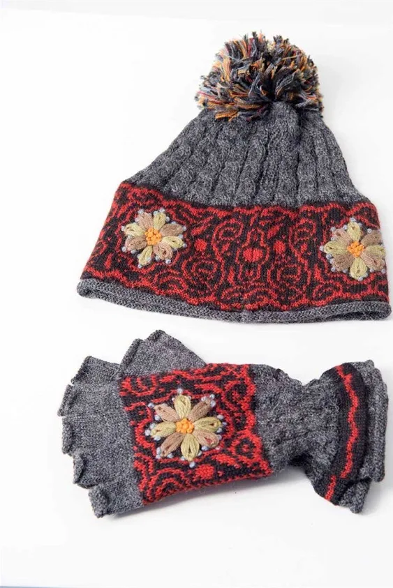 peruvianconnection.com Smokey Mountain Alpaca Hat & Fingerless Gloves Set