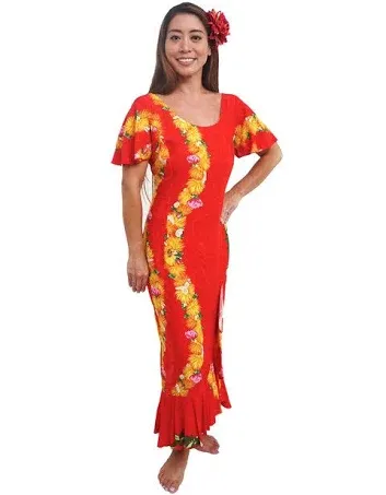 Hilo Hattie Hilo Hattie Ohia Red Rayon Ruffle Dress Mid-Length , S