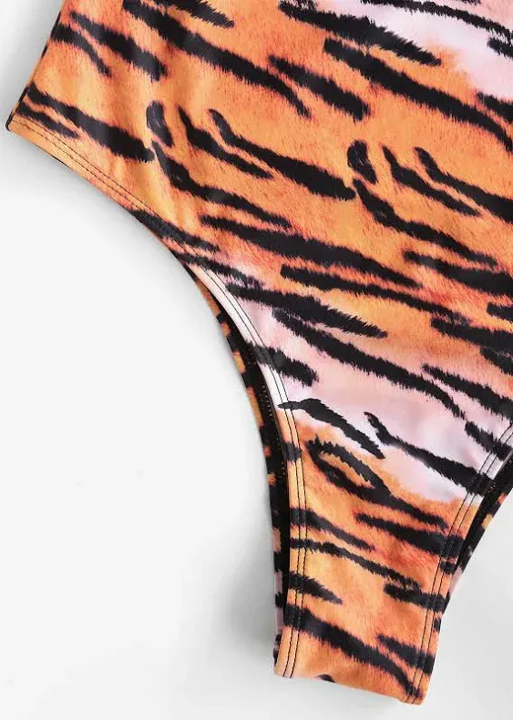 Tiger Mist Women One Piece Zaful Tiger Print Bandeau One-Piece Swimsuit,Tiger orange,M