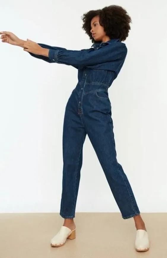 Rungolee dandelionbyny Denim Blue Long Detailed Jean Jumpsuit - Full Leg Length Linen