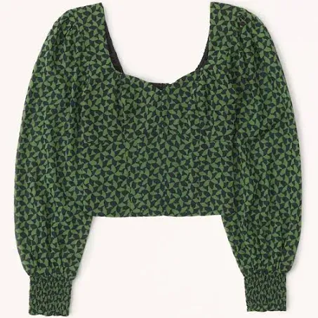 HGC Apparel Women's Long-Sleeve Sweetheart Puff Sleeve Top in Green Pattern | Size M