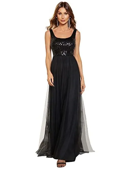 EVER-PRETTY Women's Sleeveless A-line Maxi Round Neck Sequin Evening Dress for Women 80090