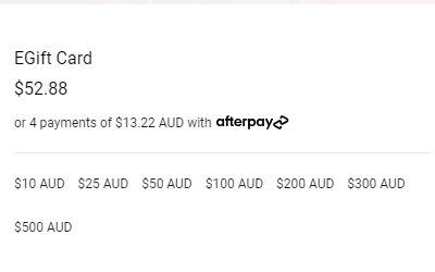 Select Any Amount From $10 AUD To $500 AUD For A Gift Card