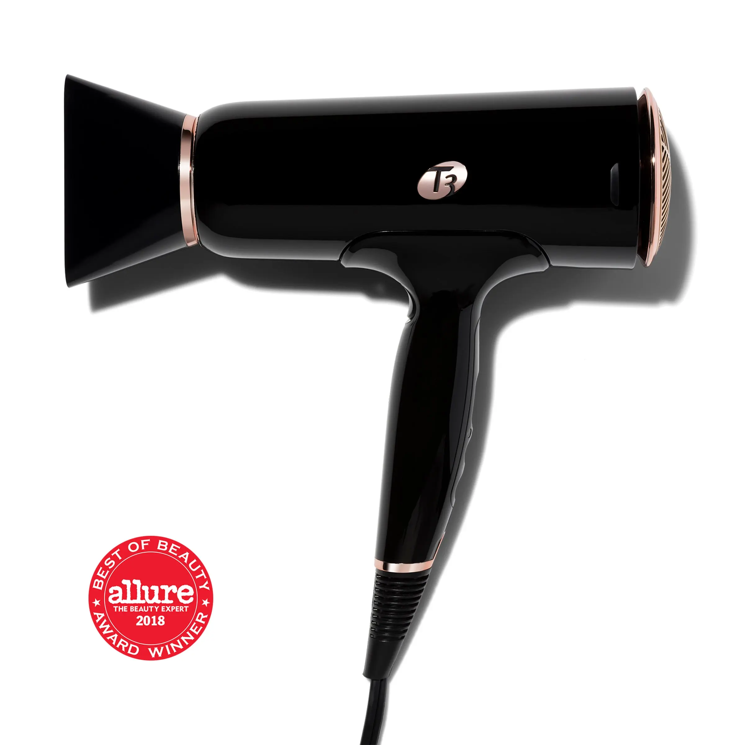 T3 cura luxe professional ionic hair dryer with auto pause sensor brush in black/rose gold